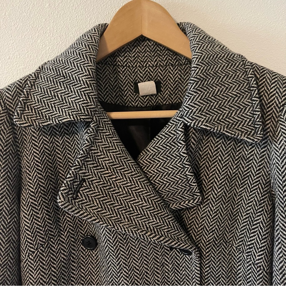 J Crew Factory Wool Herringbone Double Breasted Blazer Rear Belt Black White-M - Picture 3 of 11
